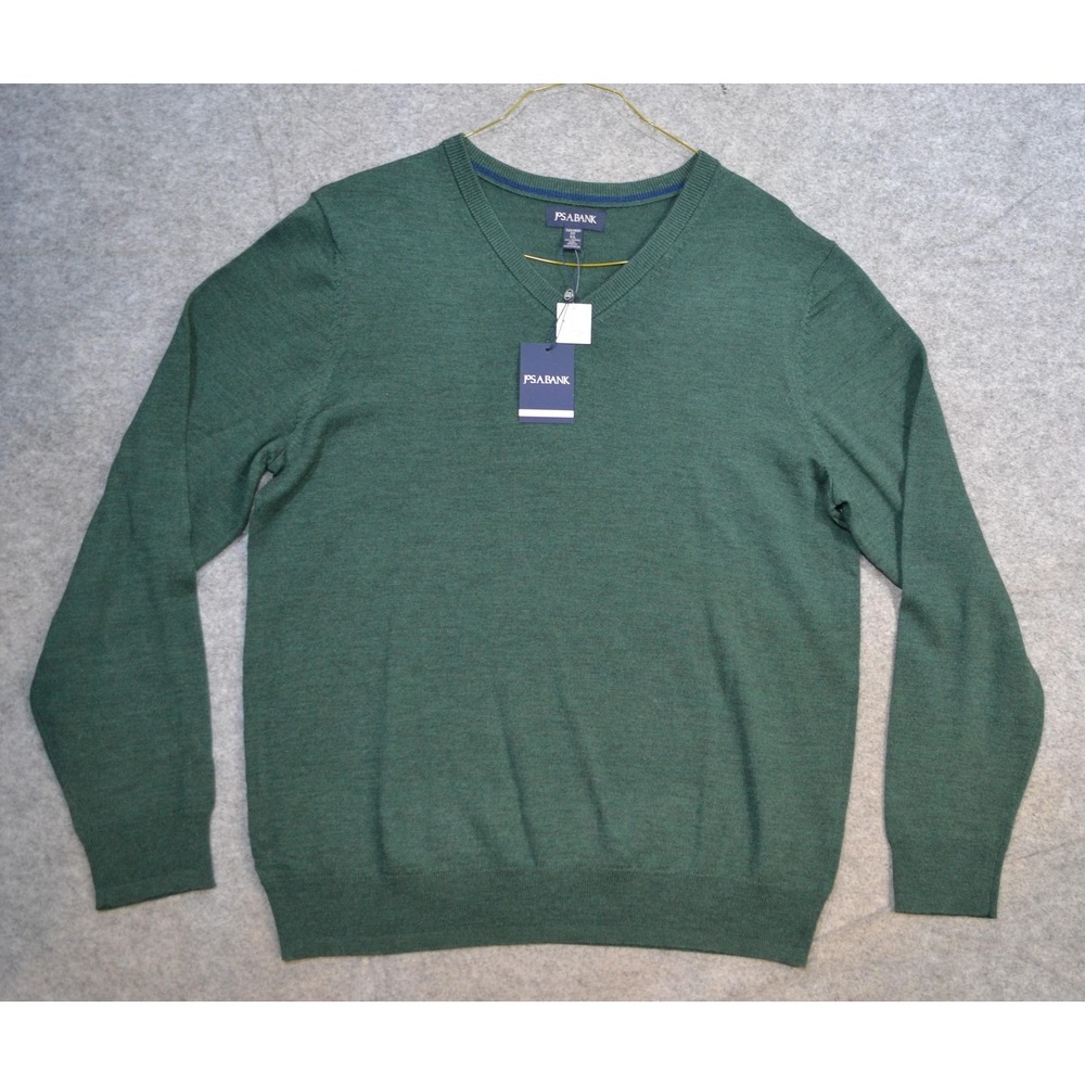Jos A Bank Sweater Mens XL Green Merino Wool V Neck Knit Pullover Tailored Fit